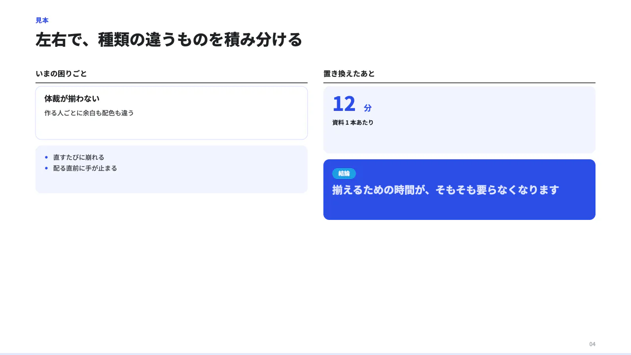 左右に積み分けるの見本（左右 2 段組。各段は見出し + ブロックの積み上げ（card / callout / metric / list / arrow / bar）。対比・前後の流れに使う。）
